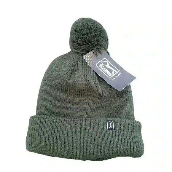 PGA Tour Men's Hunter Green Acrylic Knit Poly Lined Cuffed Beanie w Pom-Pom & Lo - Picture 1 of 5